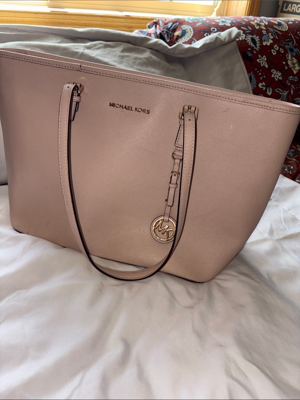 Michael Kors Pale Pink Saffiano Leather Tote with Gold Logo Charm